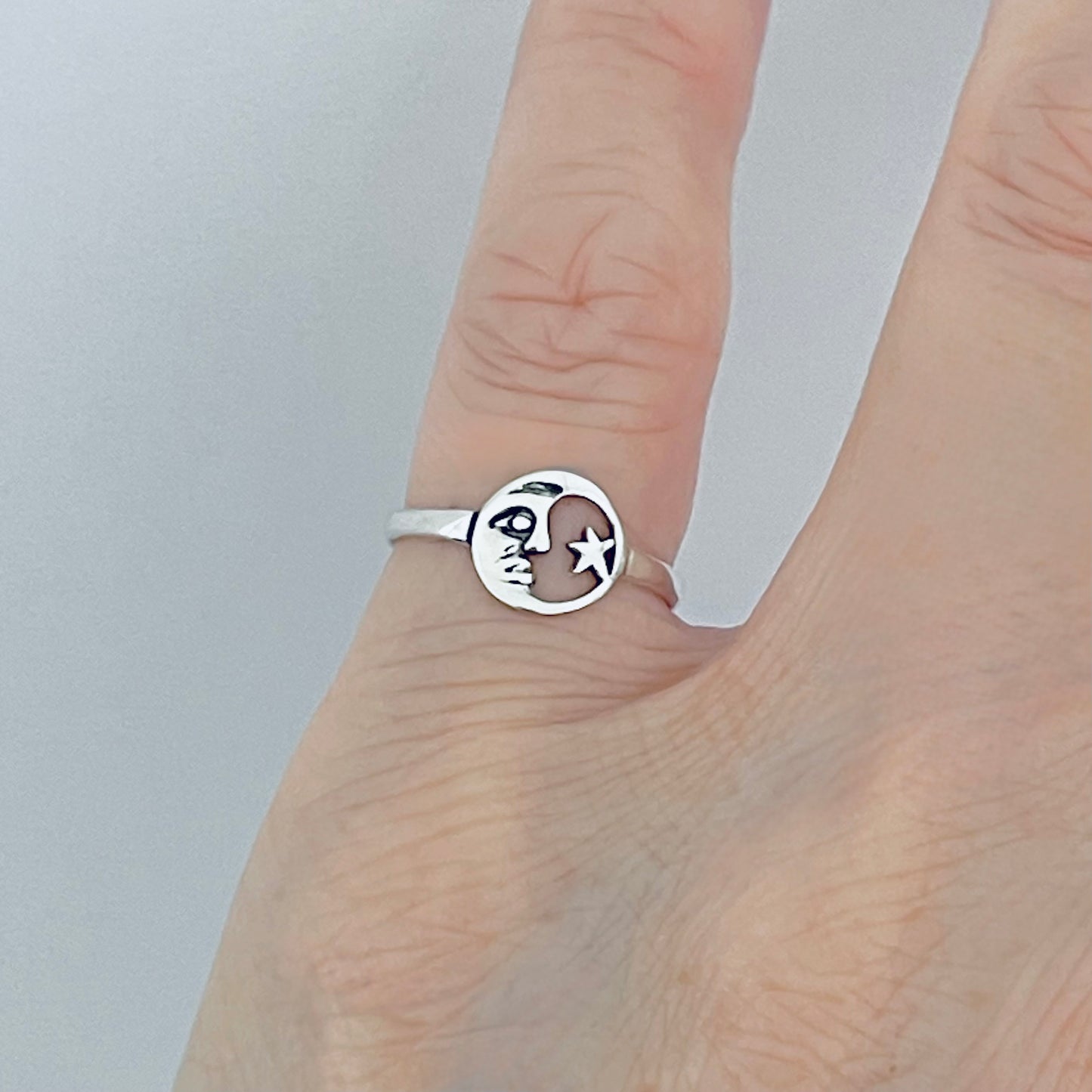 925 Sterling Silver Dainty Moon Face & Star Ring | Celestial Silver Rings