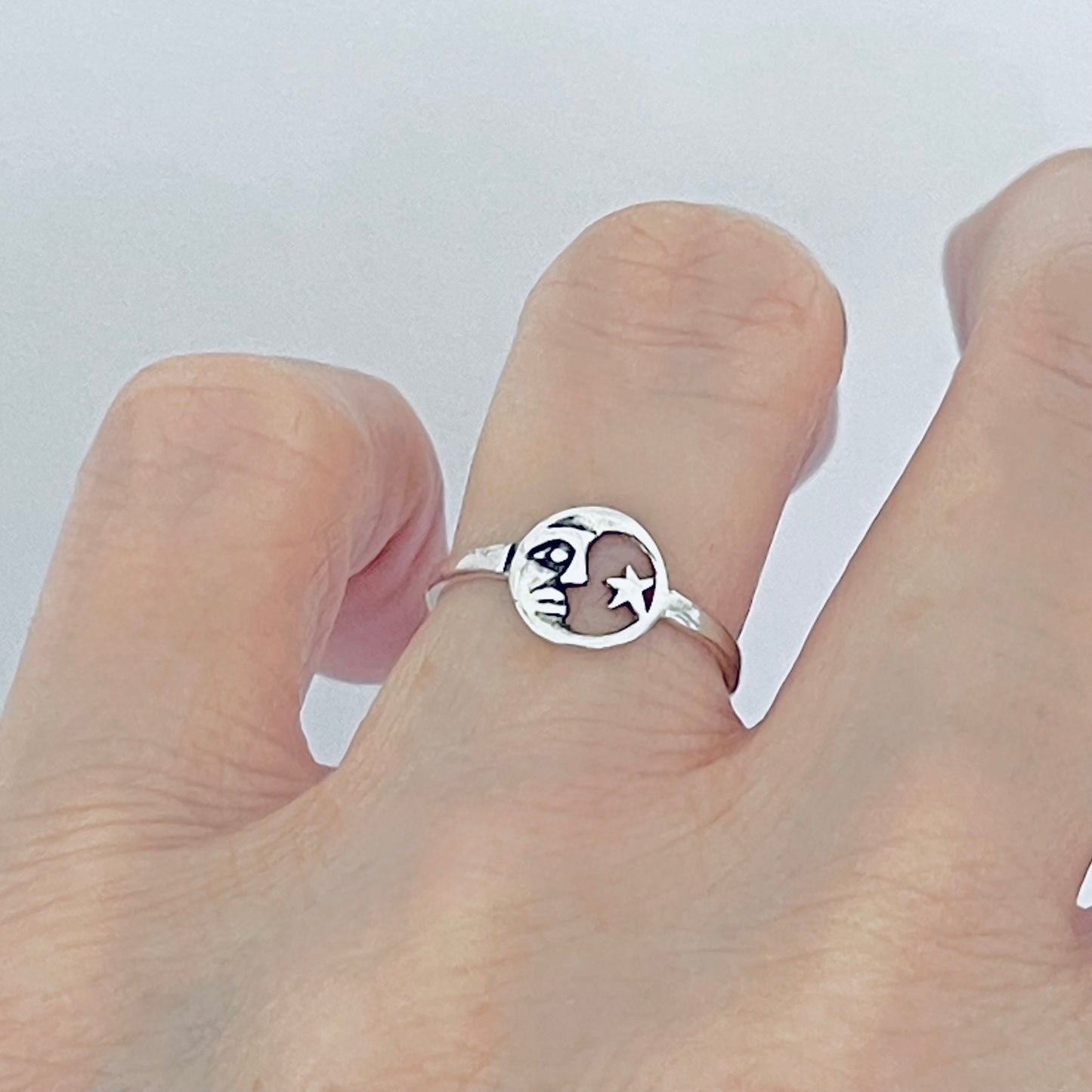 925 Sterling Silver Dainty Moon Face & Star Ring | Celestial Silver Rings