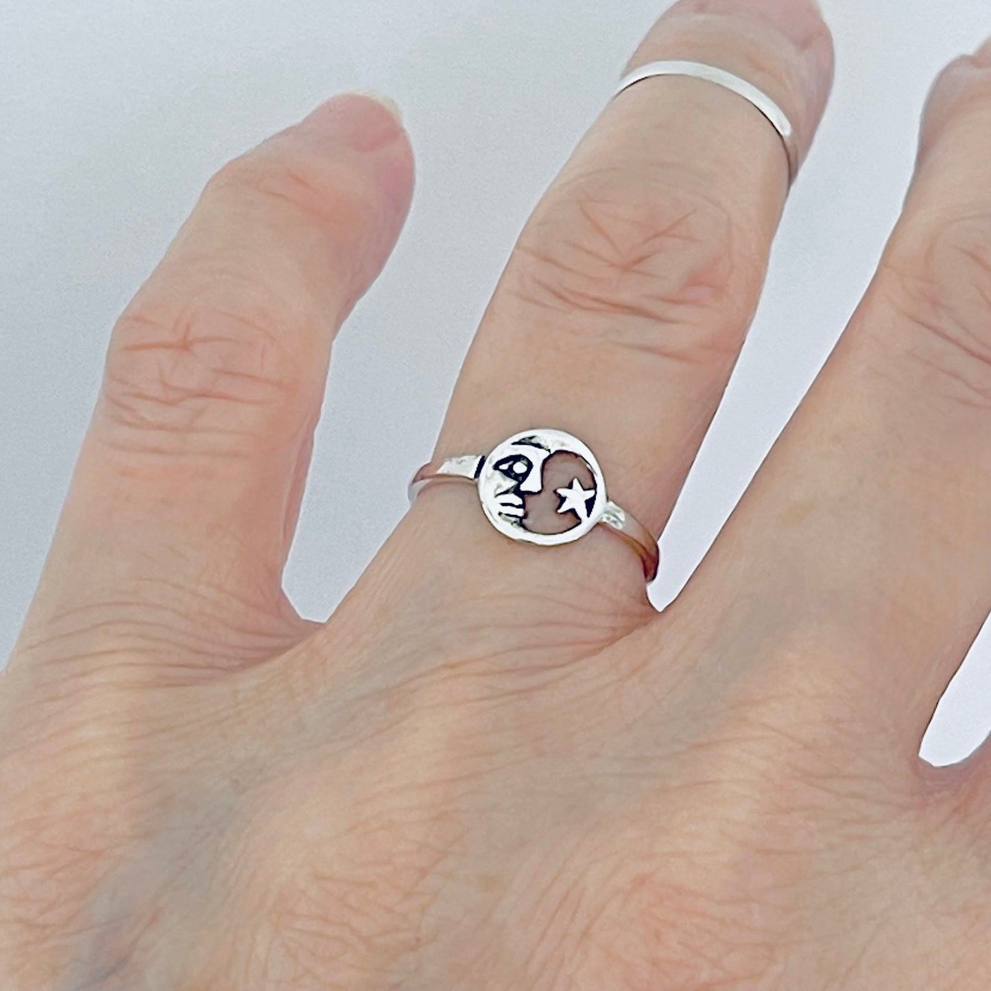 925 Sterling Silver Dainty Moon Face & Star Ring | Celestial Silver Rings
