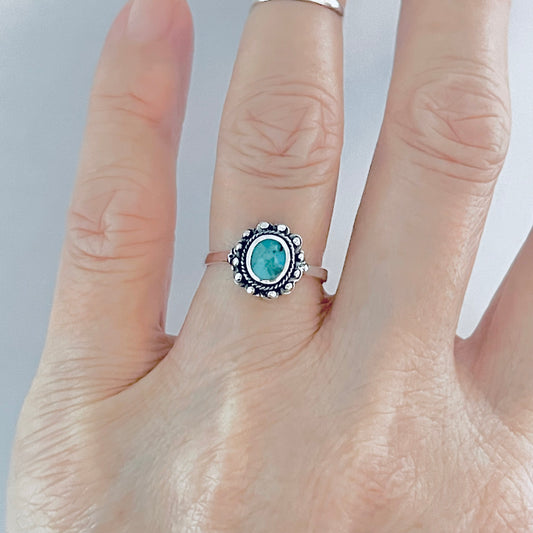 925 Sterling Silver Round Genuine Turquoise Ring with Dots | Dainty Boho Stone Silver Rings