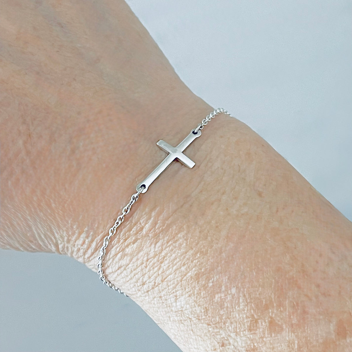 925 Sterling Silver Minimalist Cross Bracelet | Delicate Religious Faith Silver Chain Bracelets