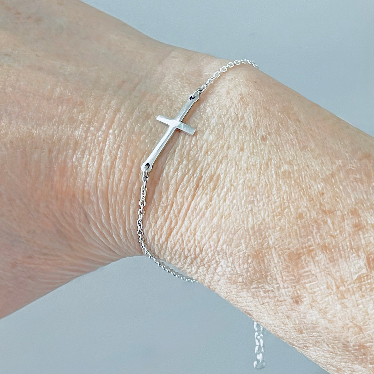 925 Sterling Silver Minimalist Cross Bracelet | Delicate Religious Faith Silver Chain Bracelets