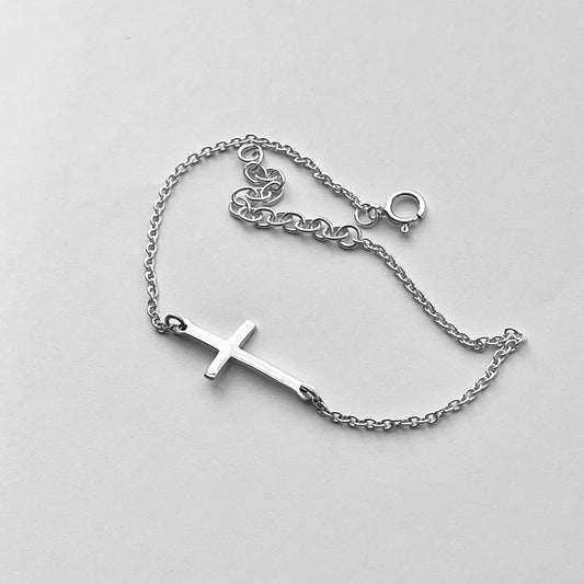 Sterling Silver Minimalist Cross Bracelet, Silver Bracelet, Religious Bracelets