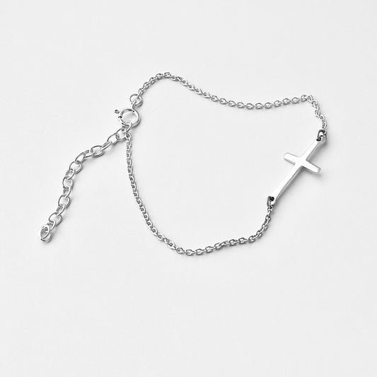 925 Sterling Silver Minimalist Cross Bracelet | Delicate Religious Faith Silver Chain Bracelets