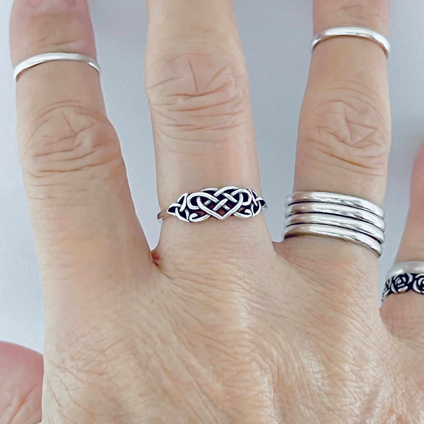 Sterling Silver Small Triquetra and Celtic Heart Ring, Dainty Trinity Knots Jewelry