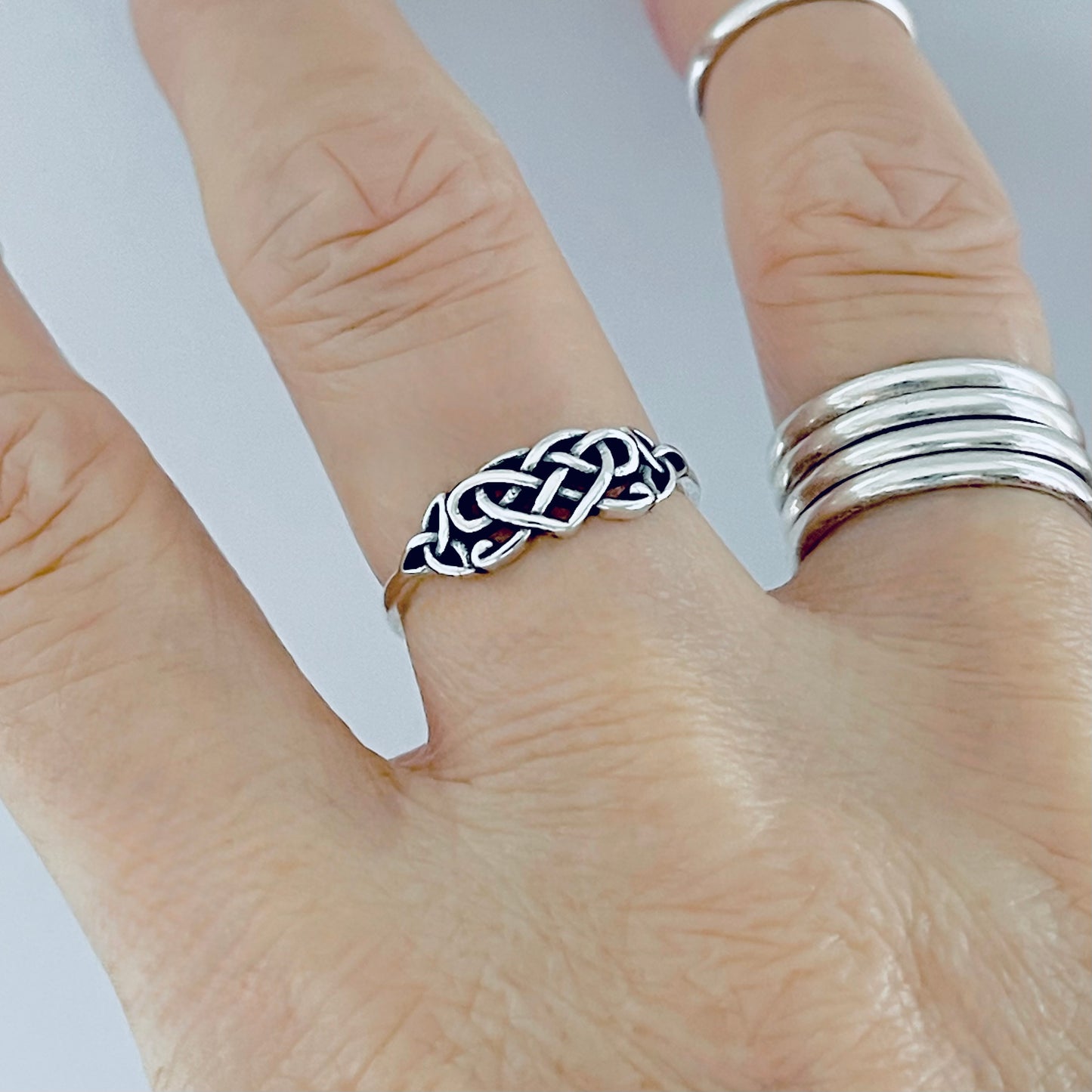 Sterling Silver Small Triquetra and Celtic Heart Ring, Dainty Trinity Knots Jewelry