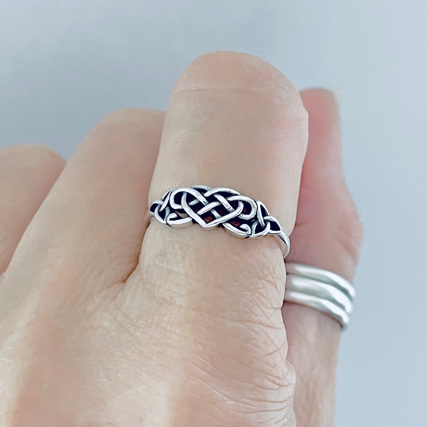 Sterling Silver Small Triquetra and Celtic Heart Ring, Dainty Trinity Knots Jewelry