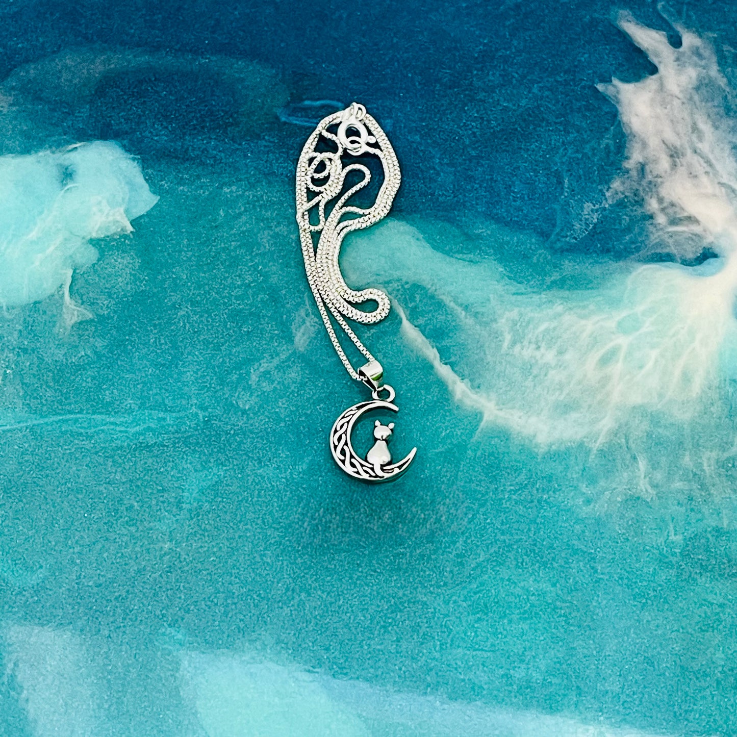 Sterling Silver Cat on Celtic Crescent Moon Necklace – Celestial Dainty Pendant Chain