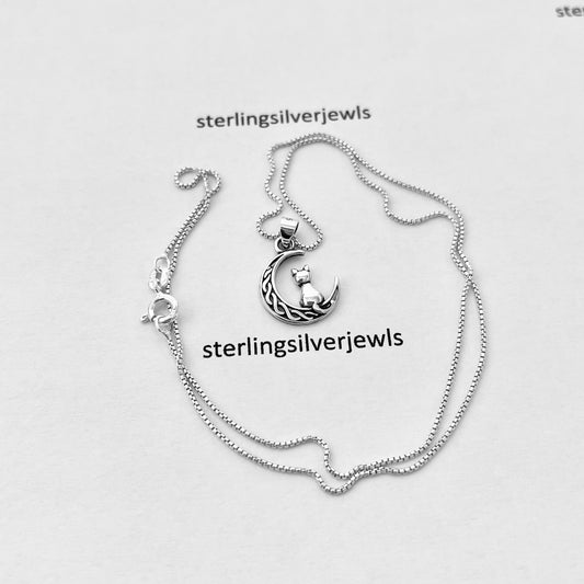 Sterling Silver Small Cat on Interwoven Crescent Moon Necklace, Kitty Necklaces