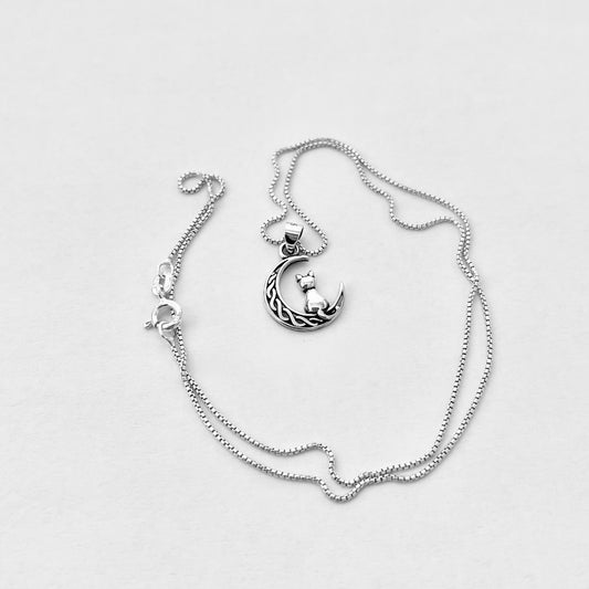 Sterling Silver Cat on Celtic Crescent Moon Necklace – Celestial Dainty Pendant Chain