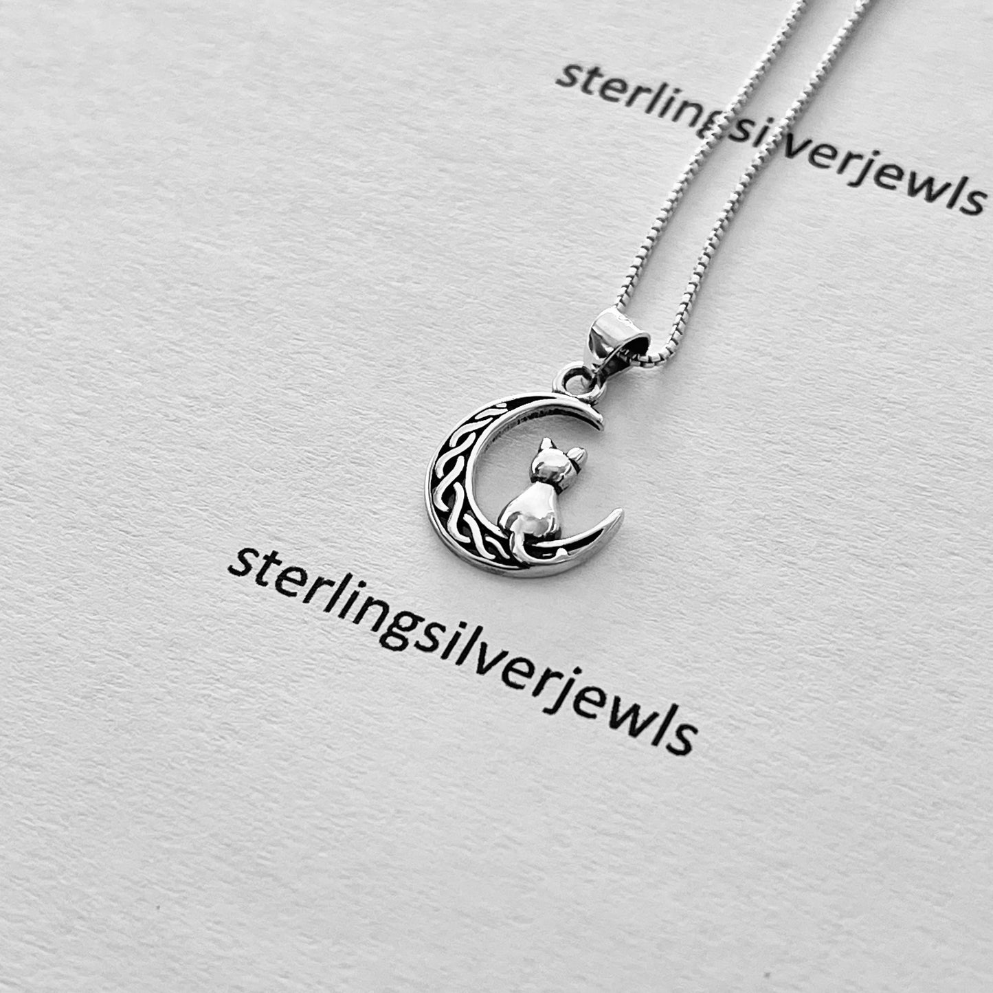 Sterling Silver Small Cat on Interwoven Crescent Moon Necklace, Kitty Necklaces