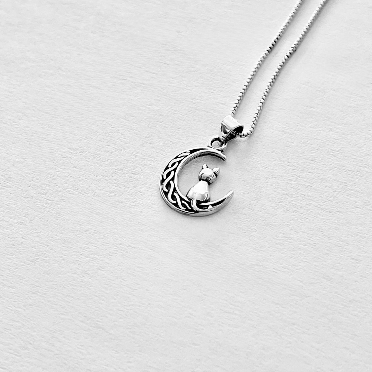 Sterling Silver Cat on Celtic Crescent Moon Necklace – Celestial Dainty Pendant Chain