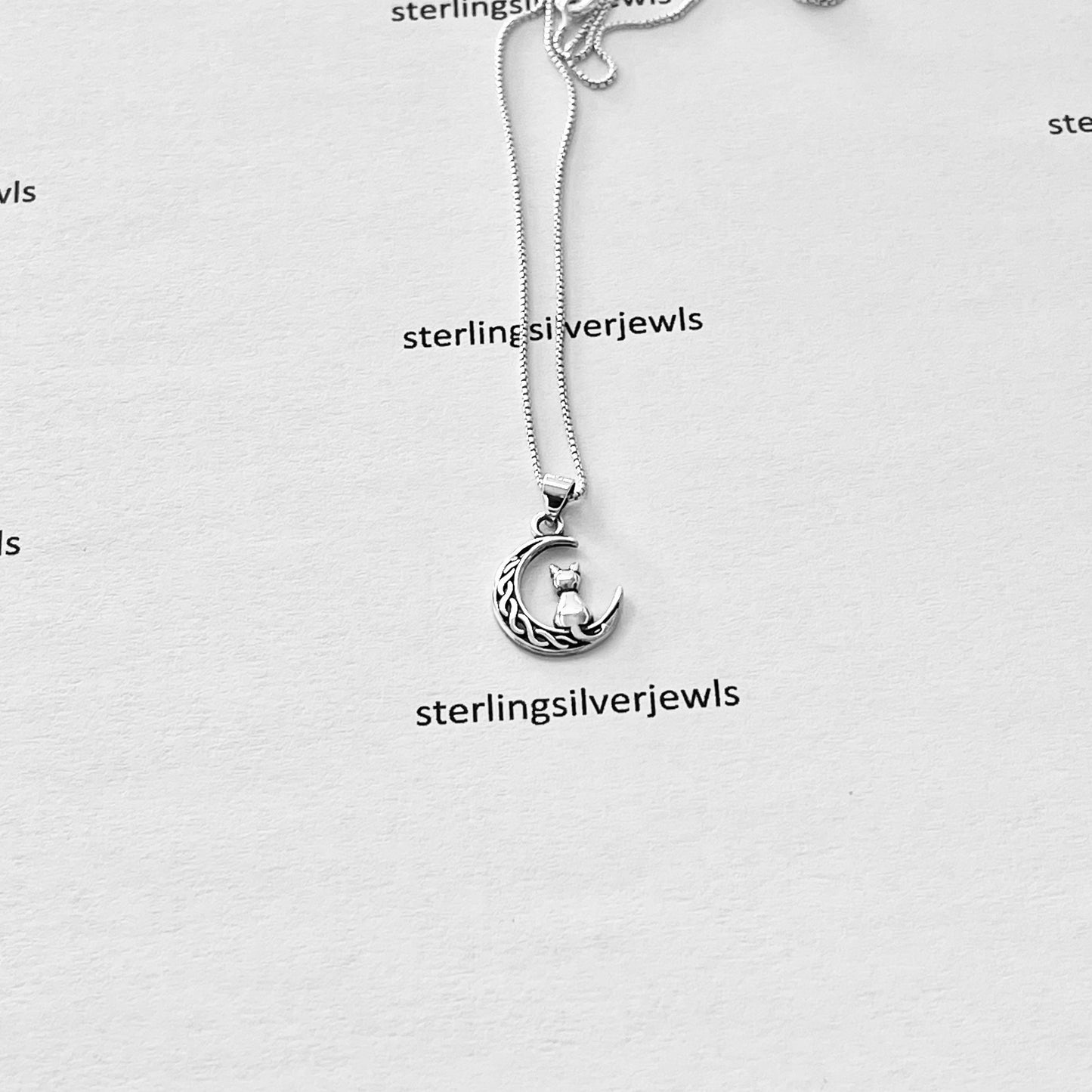 Sterling Silver Small Cat on Interwoven Crescent Moon Necklace, Kitty Necklaces