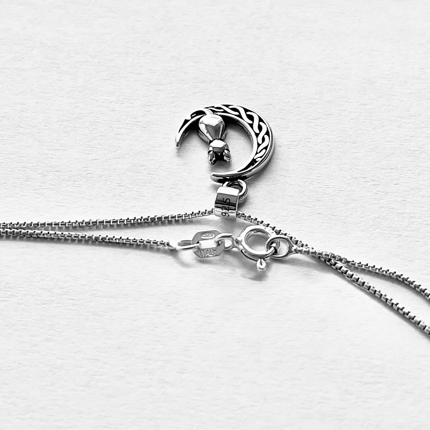 Sterling Silver Cat on Celtic Crescent Moon Necklace – Celestial Dainty Pendant Chain