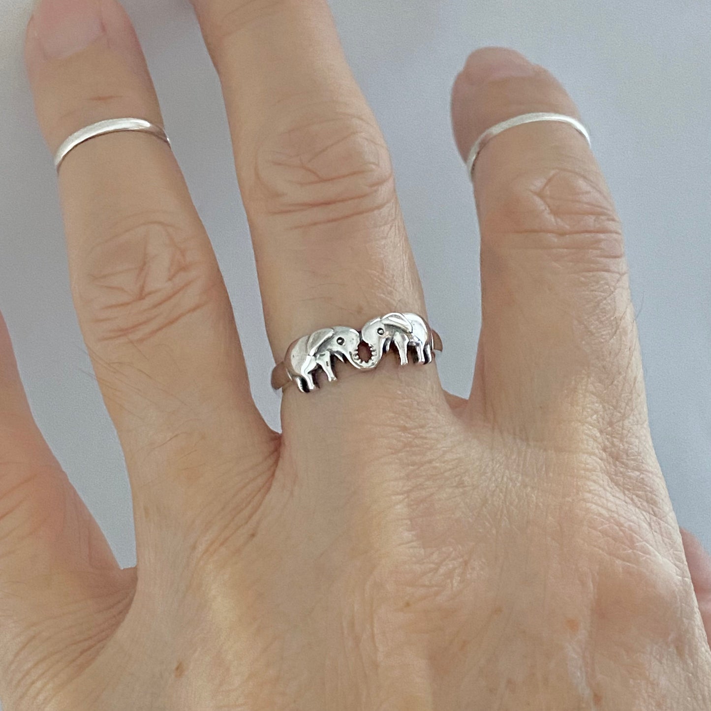 Sterling Silver Small Kissing Elephant Ring, Love Ring, Silver Animal Rings