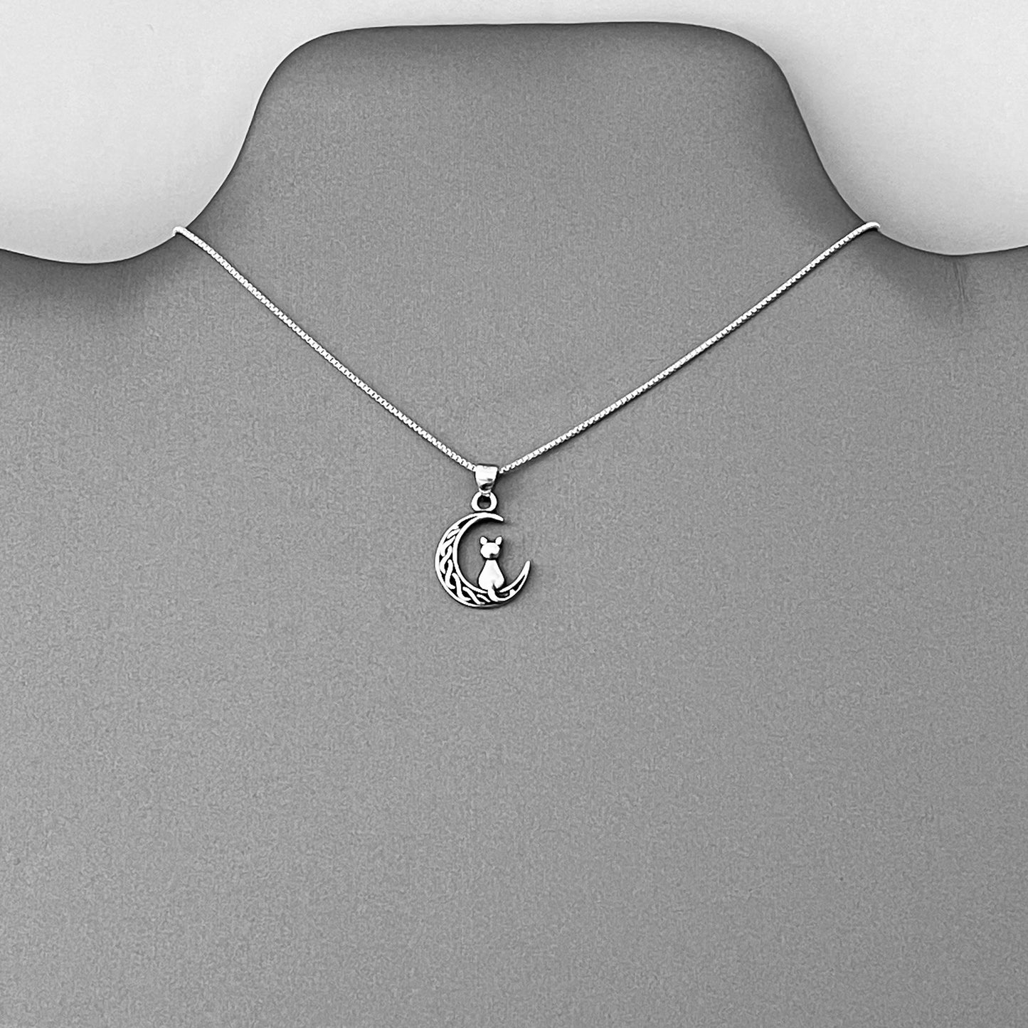 Sterling Silver Cat on Celtic Crescent Moon Necklace – Celestial Dainty Pendant Chain