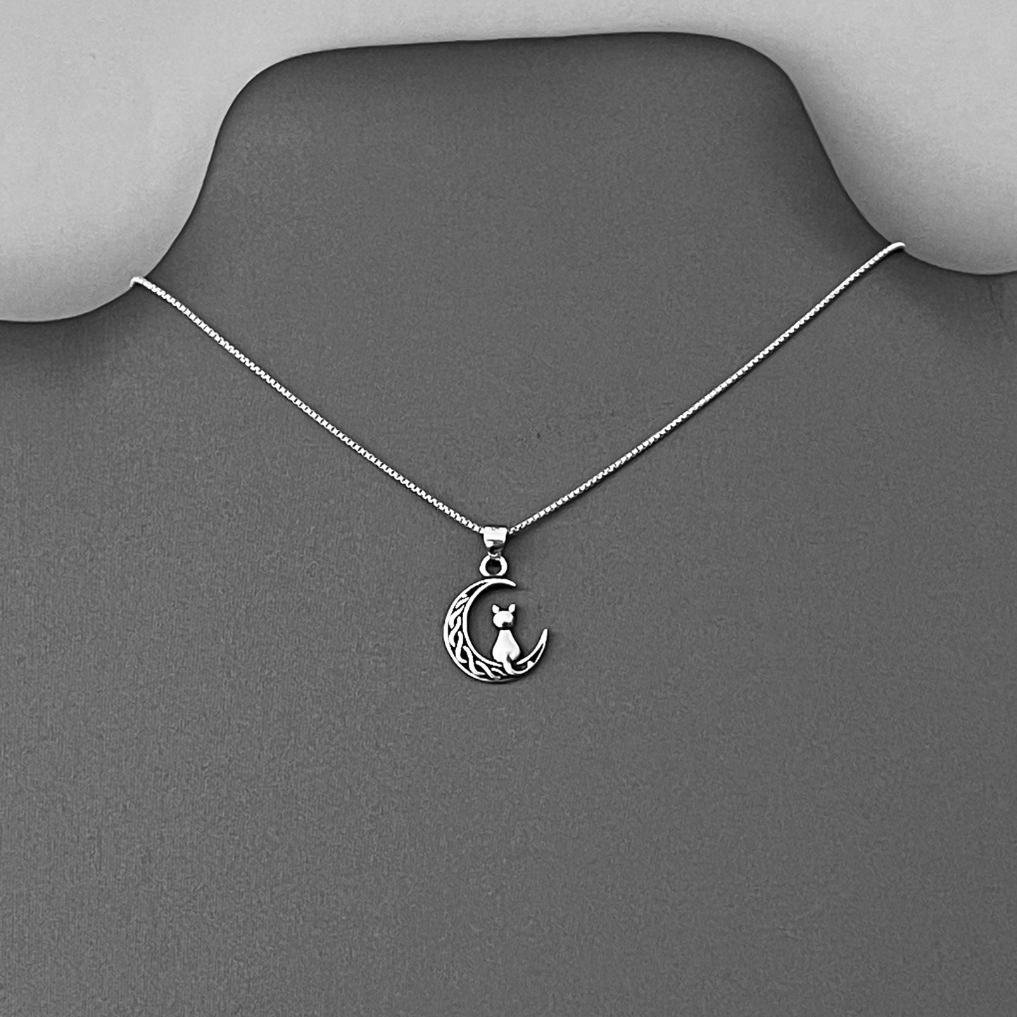 Sterling Silver Small Cat on Interwoven Crescent Moon Necklace, Kitty Necklaces