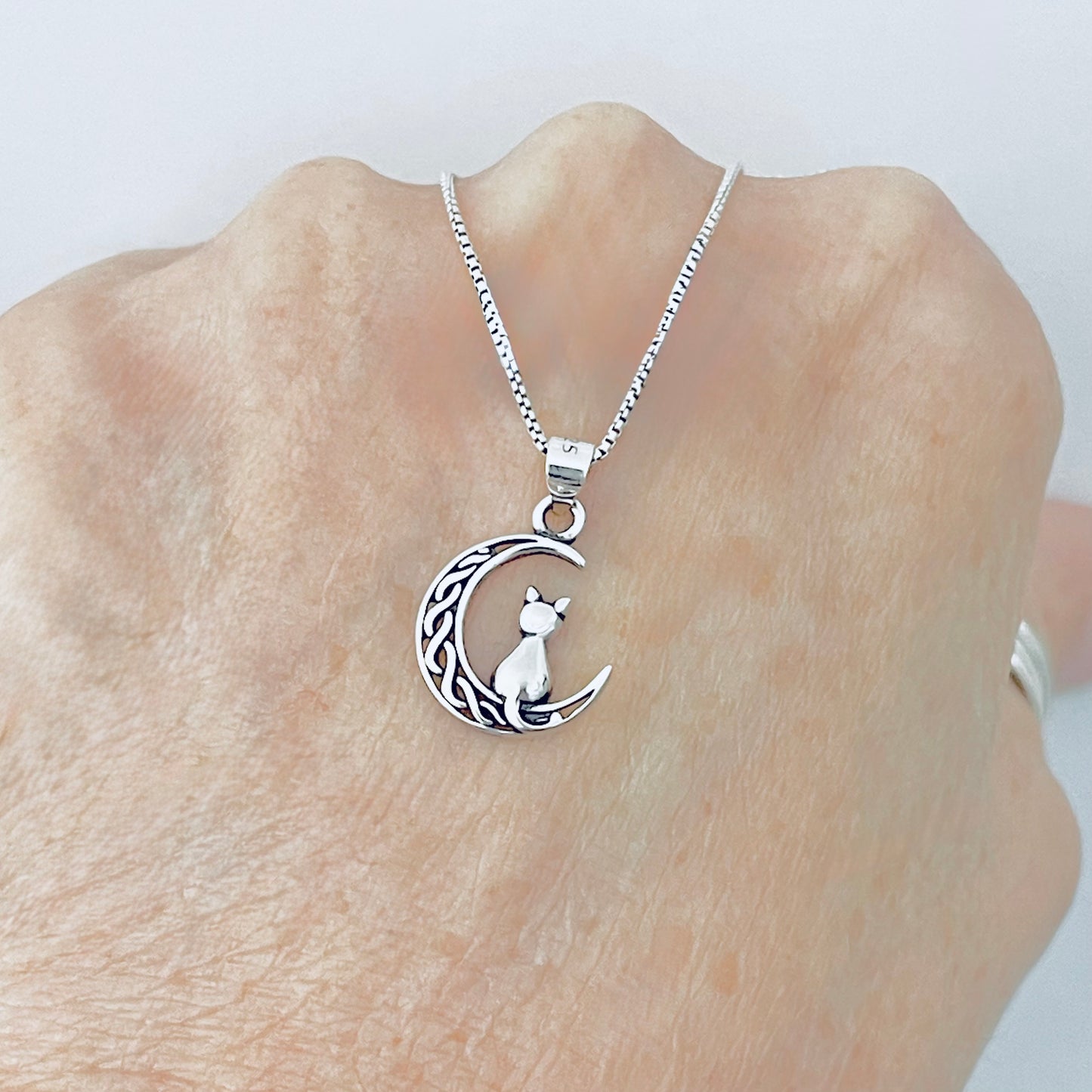 Sterling Silver Cat on Celtic Crescent Moon Necklace – Celestial Dainty Pendant Chain