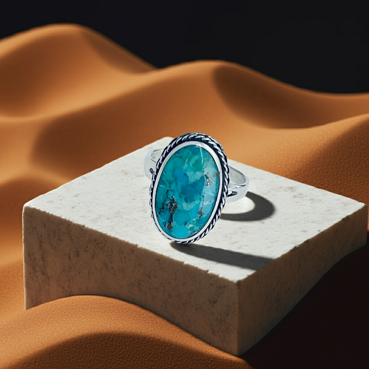 Statement Oval Genuine Turquoise Ring with Braid Sterling Silver, Stone Silver Rings