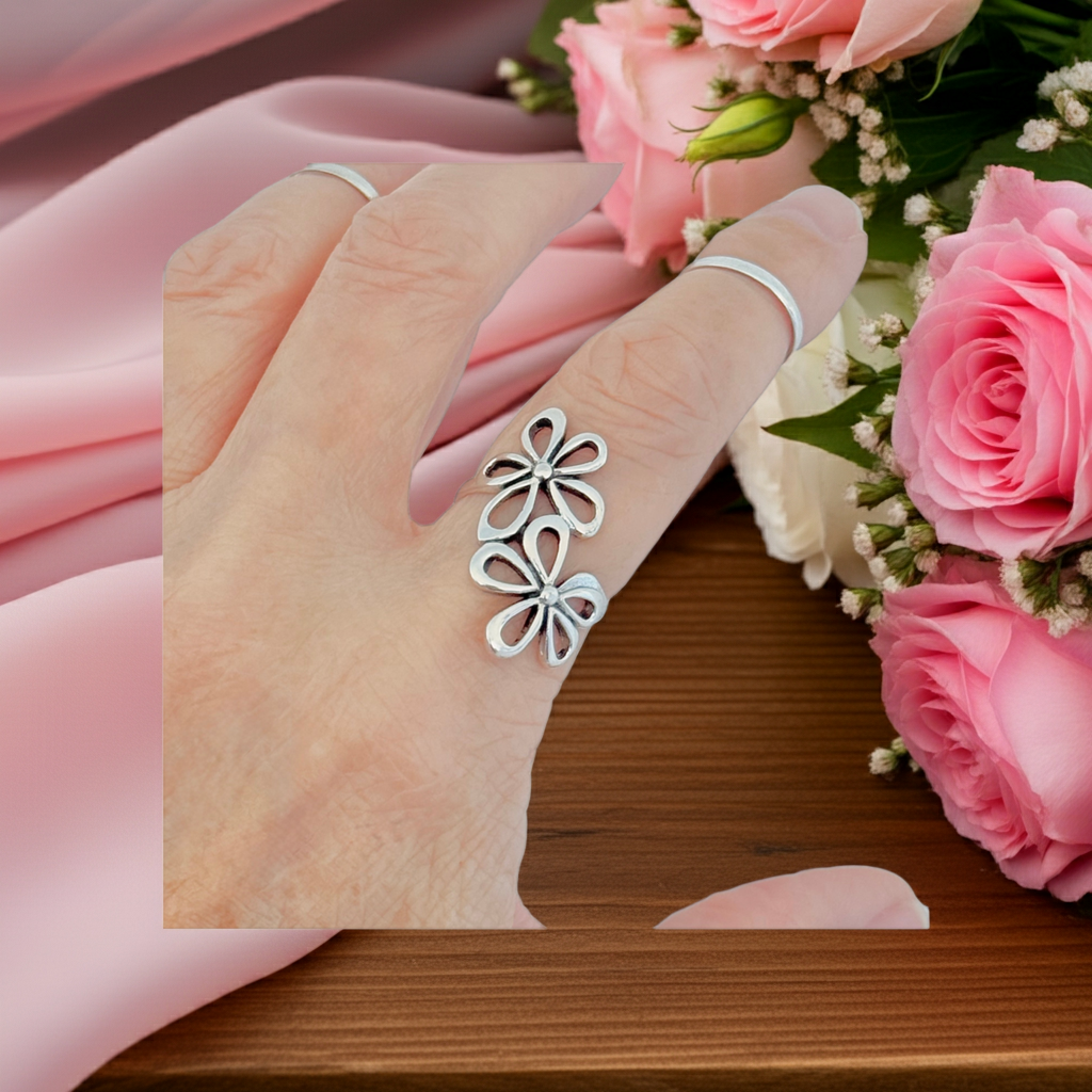 Sterling Silver 2 Large Daisy Flower Ring, Statement Jewelry
