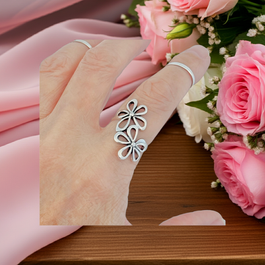 Sterling Silver 2 Large Daisy Flower Ring, Statement Jewelry