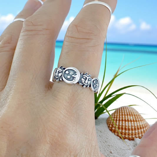 Sterling Silver Celestial Ring: Moon, Sun and Star Jewelry