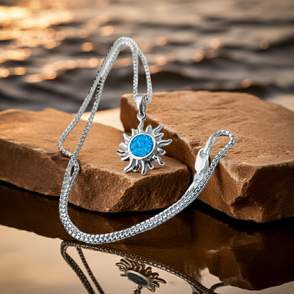 Sterling Silver Blue Lab Opal Sun Necklace | Celestial Sunshine Jewelry
